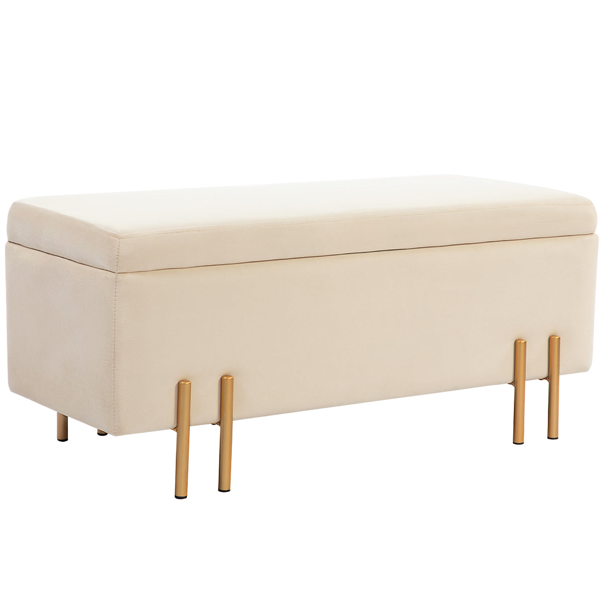 Banc de rangement coffre de rangement design contemporain - espace de rangement velours beige piètement métal doré-0