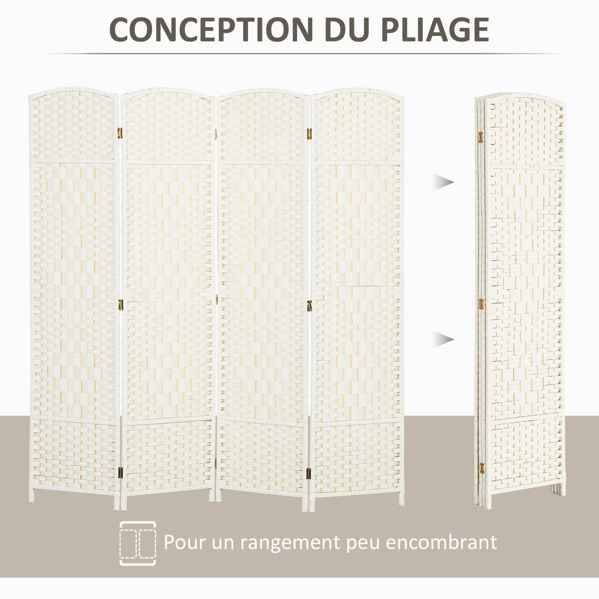 Paravent intérieur en bois 4 panneaux séparateur de pièce pliable pour salon chambre 180 x 180 cm blanc-3
