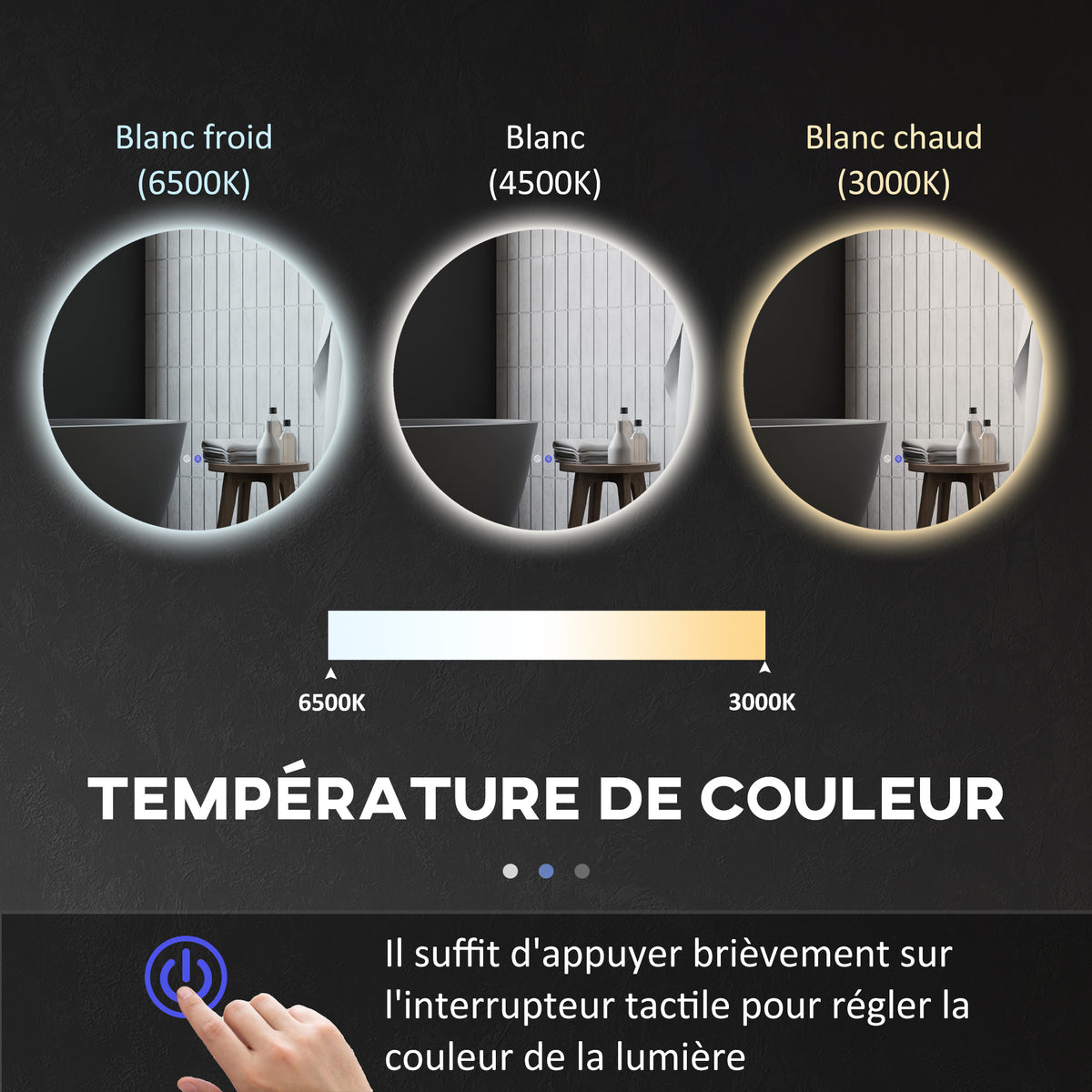 Miroir rond lumineux LED de salle de bain Ø 70 cm mural avec éclairage interrupteur tactile système antibuée  35 W gris-5
