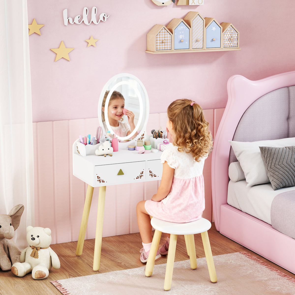 Coiffeuse pour enfant 2 en 1 bureau enfant fille avec miroir à LED 3 couleurs et tabouret 60x30x99,3 cm blanc-1