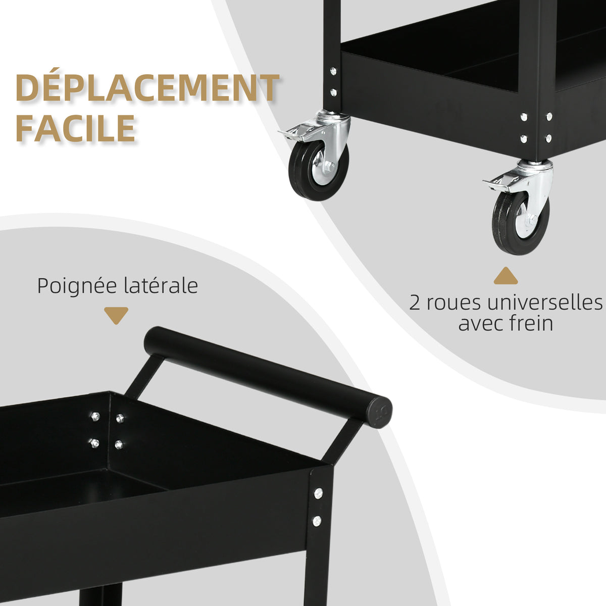 Chariot d'atelier servante atelier à 2 niveaux, poignée latérale et roulettes verrouillables, 84,5x38x84cm, noir-4