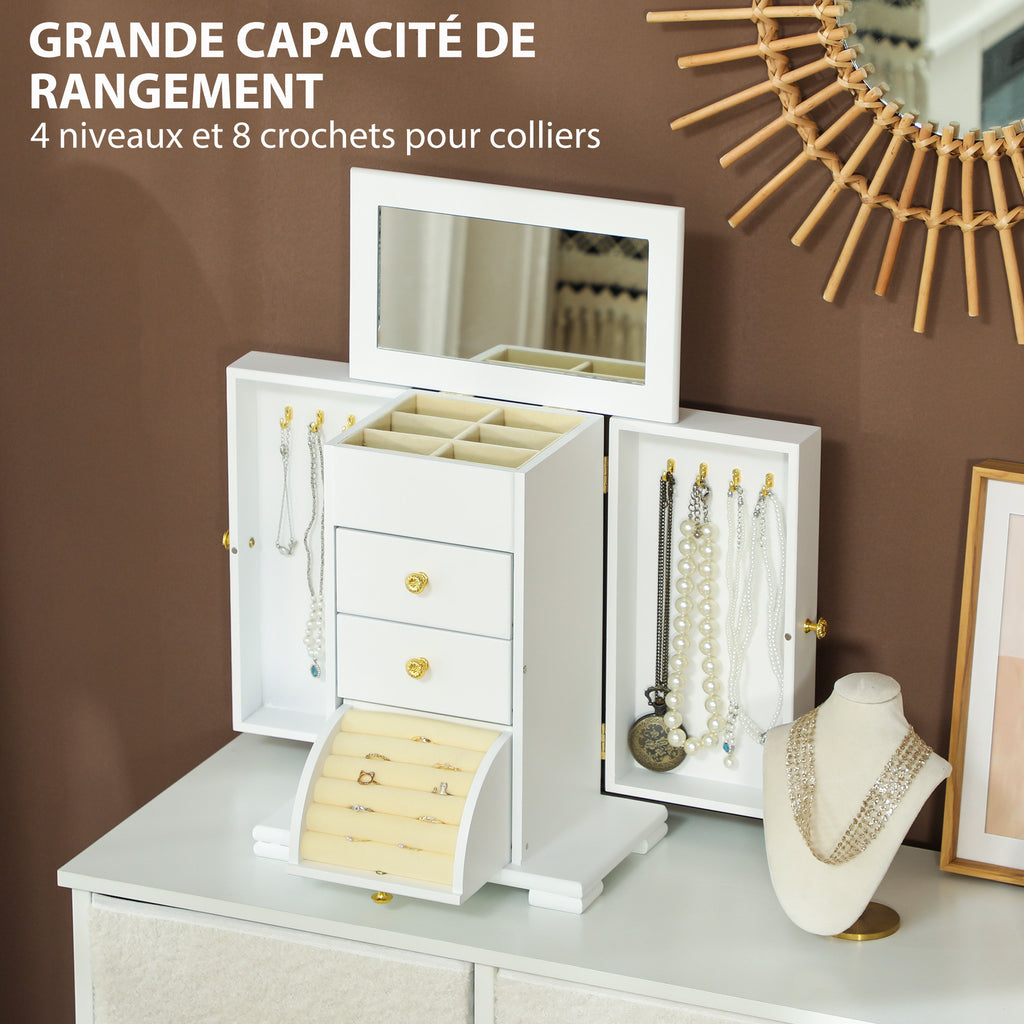 Boîte à Bijoux Femme à 4 Niveaux, Coffre à Bijoux en Bois avec Ailes, Miroir et 2 Tiroirs, 26,5x16 x33,5 cm, Blanc-3
