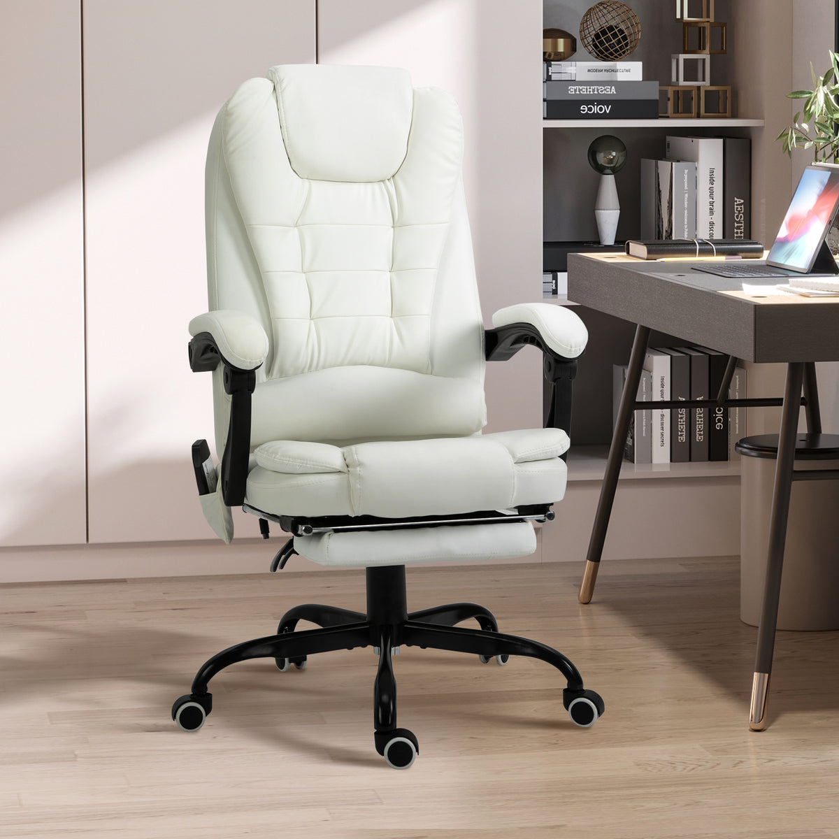 Fauteuil de Bureau Massant 7 Points, Chaise de Bureau Ergonomique avec Repose-pieds Rétractable, Dossier Inclinable 155°, Hauteur Réglable, Pivotant à 360°, télécommande Filaire, Blanc-1
