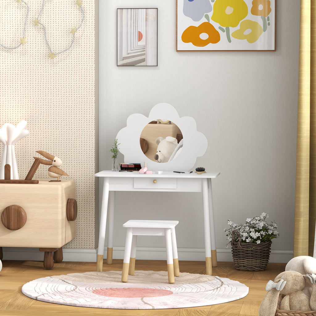Ensemble coiffeuse pour enfant avec tabouret, coiffeuse 2 pièces pour enfants de 3 à 6 ans, miroir forme de nuage, blanc-9