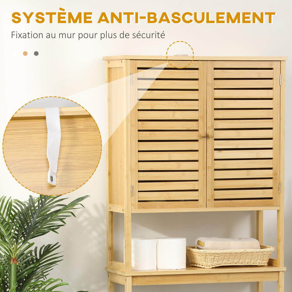 Étagère de toilettes meuble de salle de bain dessus toilette WC avec placard 2 portes et étagère ouverte 60 x 23 x 173 cm bambou-4