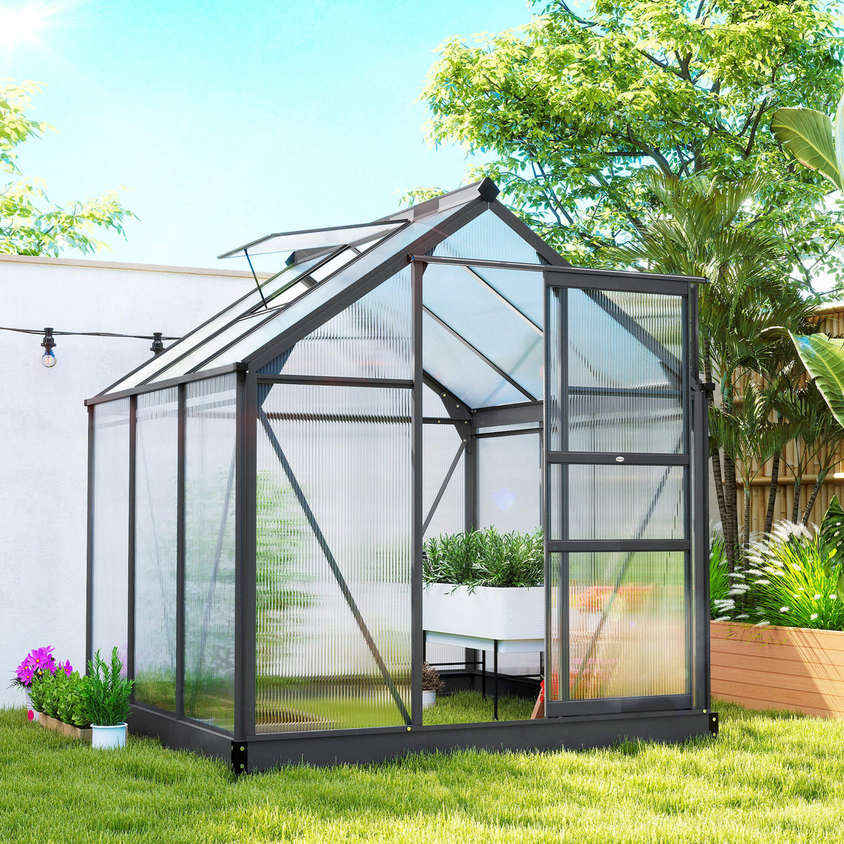 Serre de jardin polycarbonate 3,65m² 190 x 192 x 201 cm résistant aux UV fondation renforcé gouttière Gris-9