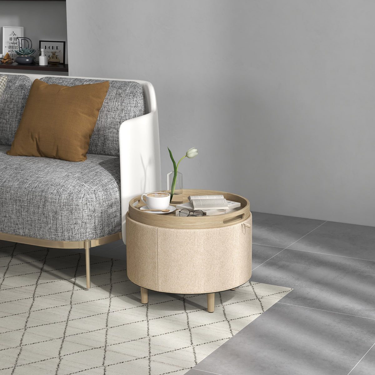 Pouf rond repose-pieds tabouret avec coffre de rangement, plateau réversible, meuble 3 en 1 pied en bois beige-1