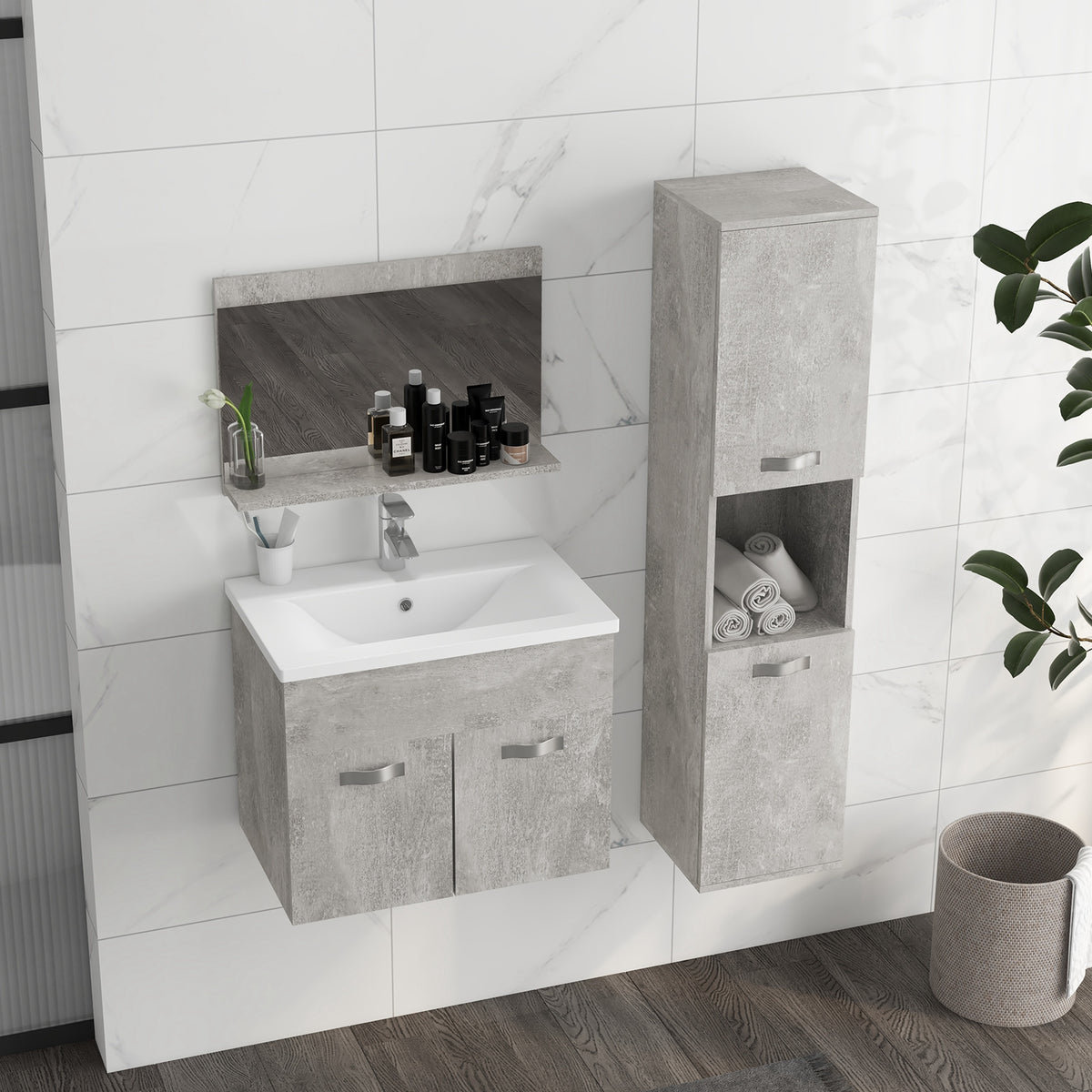 Ensemble de Meubles de Salle de Bain 4 Pièces, Mural, avec Miroir, Meuble sous Vasque, Lavabo et Armoire Haute, gris-8