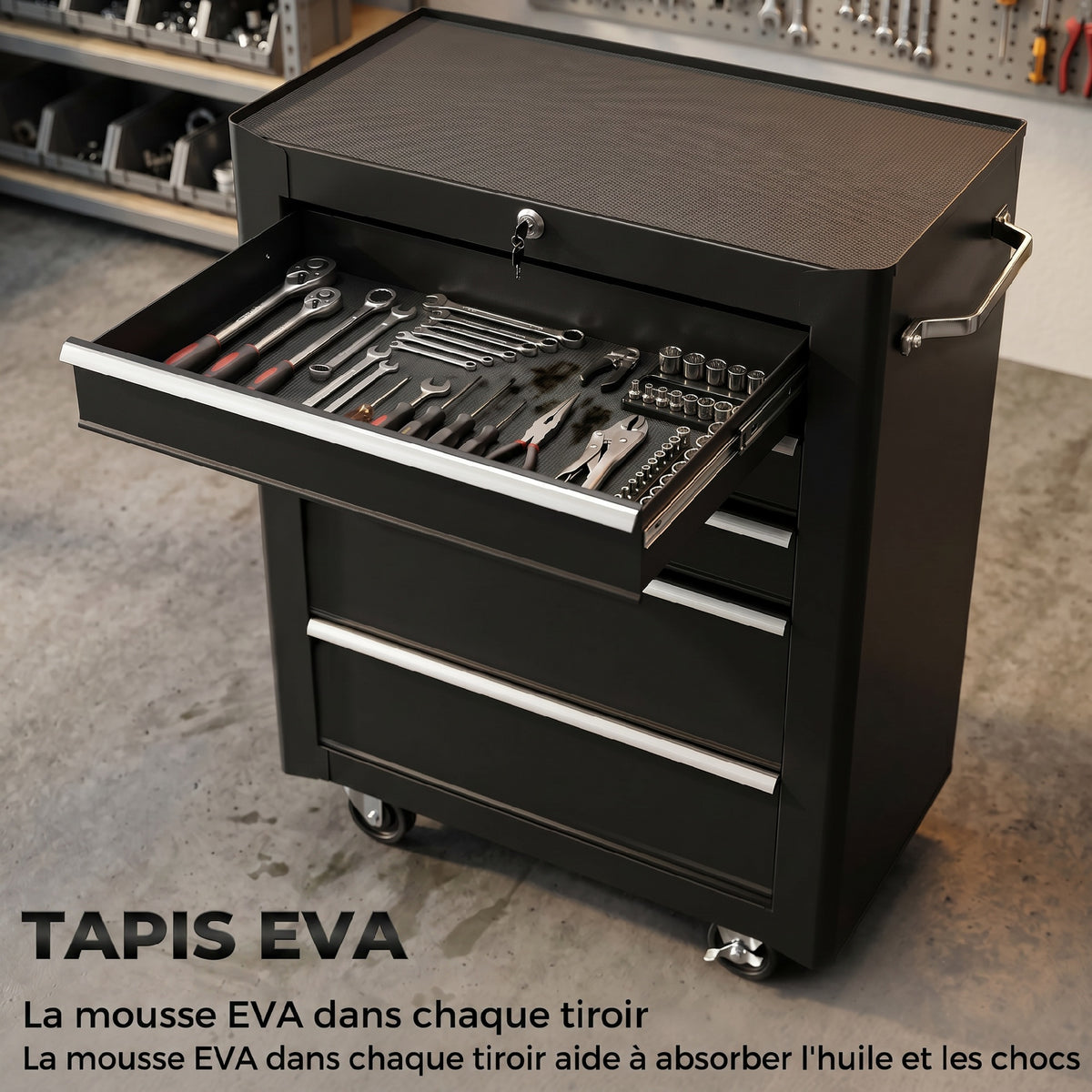 Chariot à outils sur roulettes, Servante d'atelier en acier 5 tiroirs verrouillable 2 clés, 61,5 x 33 x 82,5 cm, noir-4