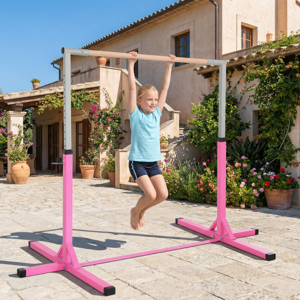 Barre Fixe de Gymnastique pour Enfant, Hauteur Réglable sur 13 Niveaux de 92-150 cm, en Acier et Bois de Hêtre, Barre de Gym d'Entraînement à Domicile, Antidérapant, Facile à Assembler, Rose-9