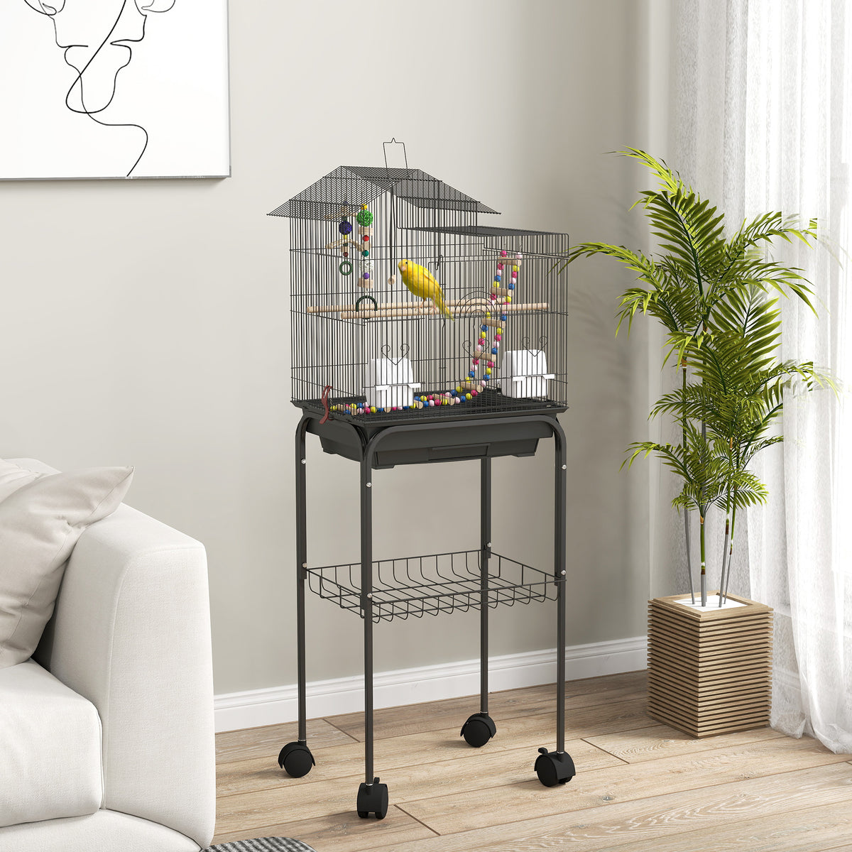Cage à oiseaux sur roues 46 x 36 x 120 cm 2 mangeoires 2 perchoirs étagère cage pour perruche calopsitte conure pinson canaris-1