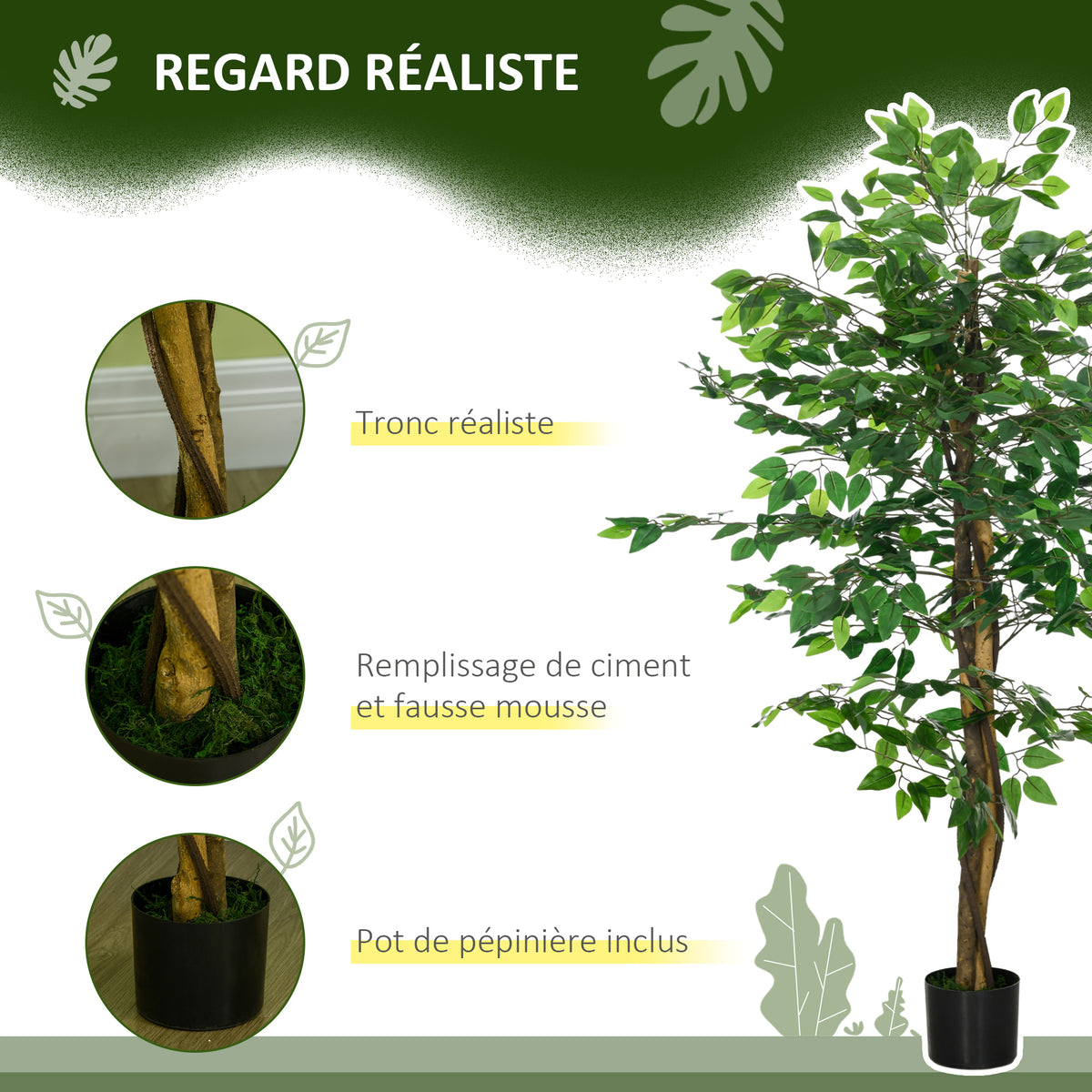 Plante artificielle ficus hauteur 1,50 m tronc branches liane lichen feuilles grand réalisme pot inclus vert-3