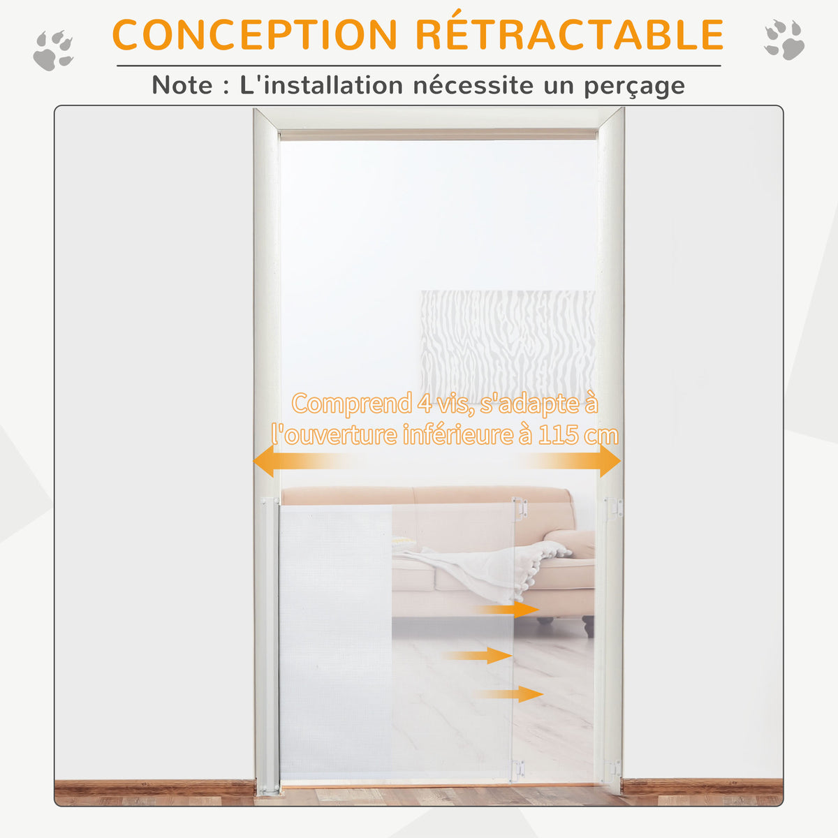 Barrière de sécurité chien barrière rétractable automatique barrière escaliers couloirs portes 115 x 82,5 m teslin acier blanc-4
