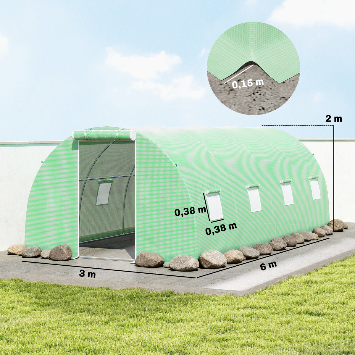 Serre de Jardin Tunnel 18 m² dim. 6L x 3l x 2H m - 8 fenêtres, Porte zippée Enroulable - châssis Tubulaire Acier galvanisé, bâche PE Haute densité Vert-2