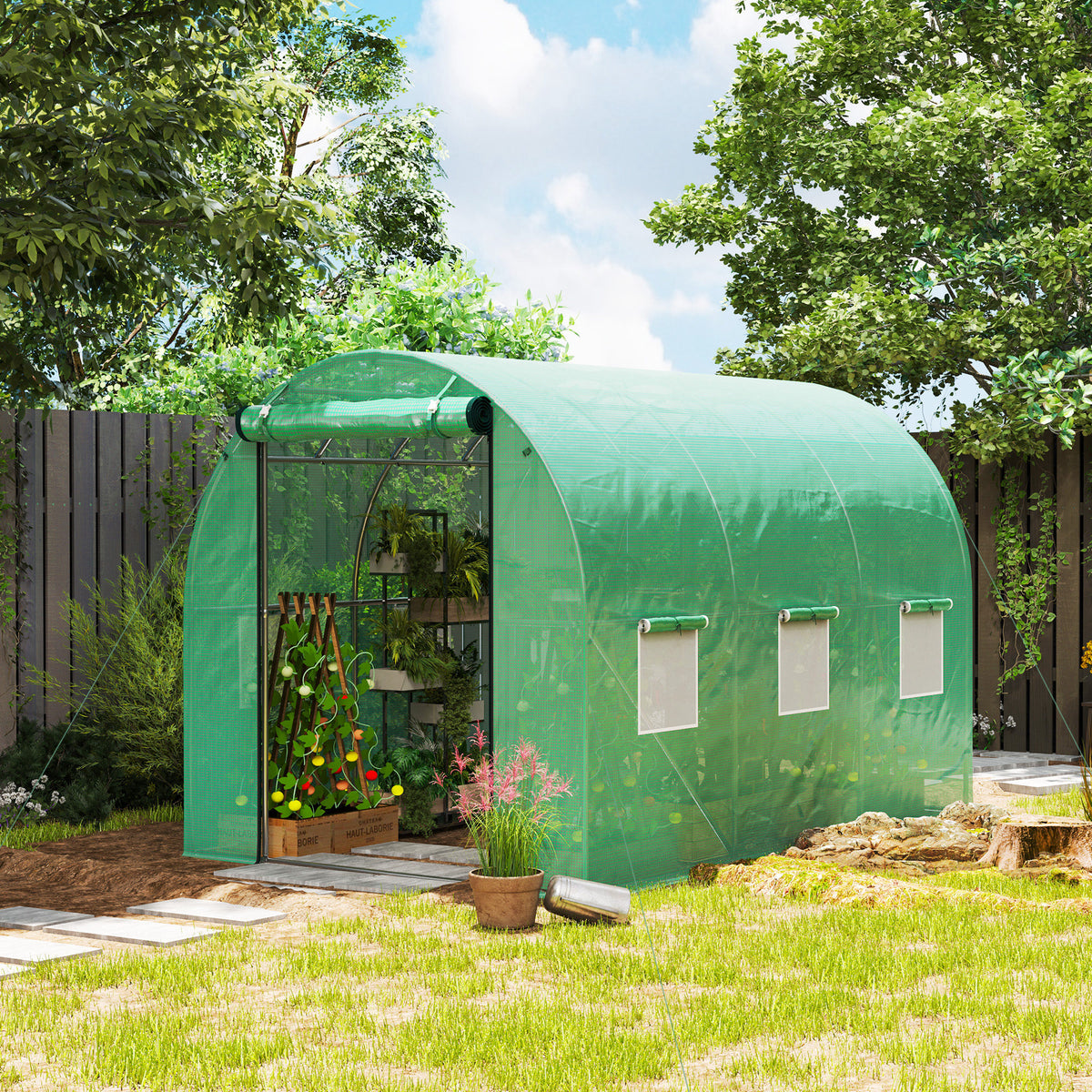 Serre tunnel de jardin 3 x 2 x 2 m avec porte enroulable et grandes fenêtres, en acier galvanisé et PE, vert-1