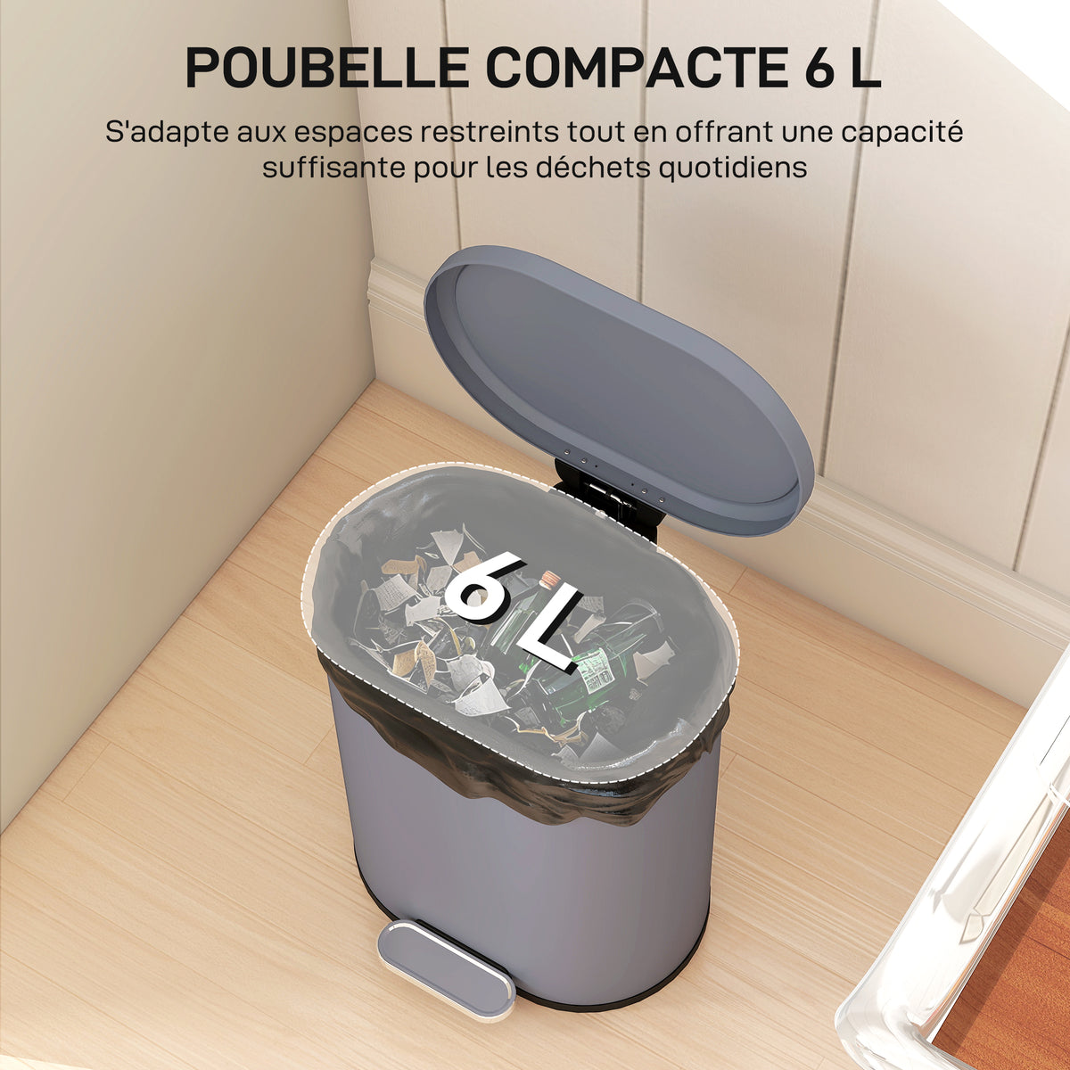 Poubelle cuisine 6L, poubelle à pédale en métal avec seau intérieur, couvercle à fermeture douce, 24,5x21,5x29,5cm, gris-3