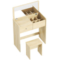 Coiffeuse Bureau 2 en 1 avec Miroir Rabattable et Tabouret, Table de Maquillage avec Tiroir et 6 Compartiments, Chêne-0