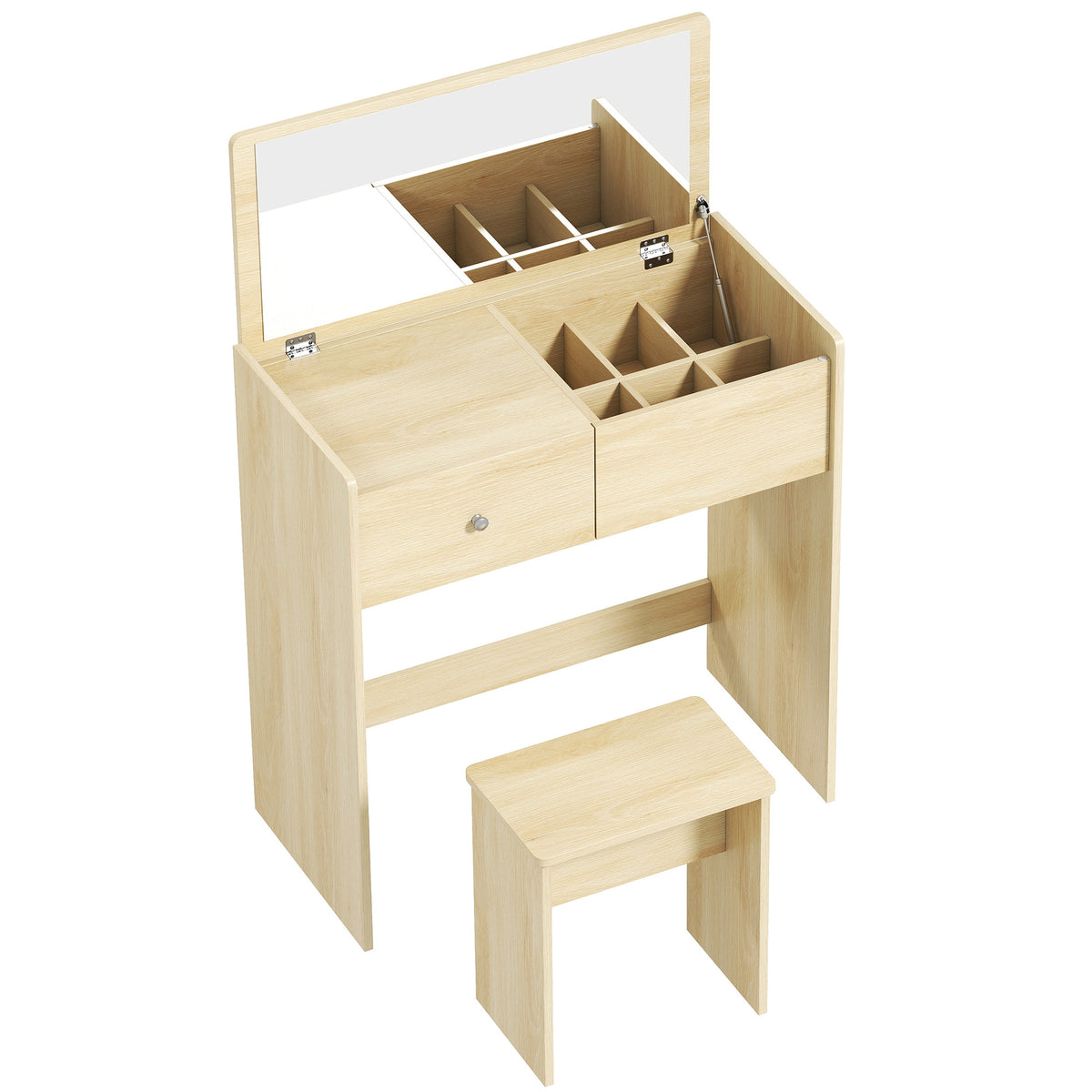Coiffeuse Bureau 2 en 1 avec Miroir Rabattable et Tabouret, Table de Maquillage avec Tiroir et 6 Compartiments, Chêne-0