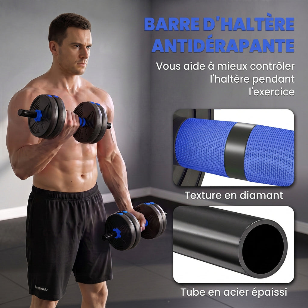 Kit haltères musculation haltères réglables 15 kg 3 en 1, ensemble de poids réglable avec barre d'extension noir-6
