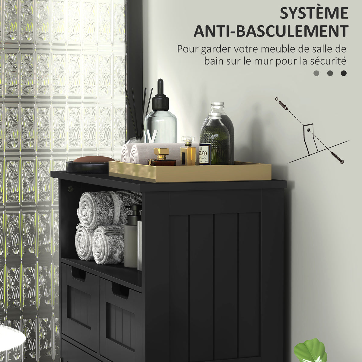 Meuble Bas de Salle de Bain Multi-rangements Grande Niche 2 tiroirs Placard Double Porte avec étagère Noir-6