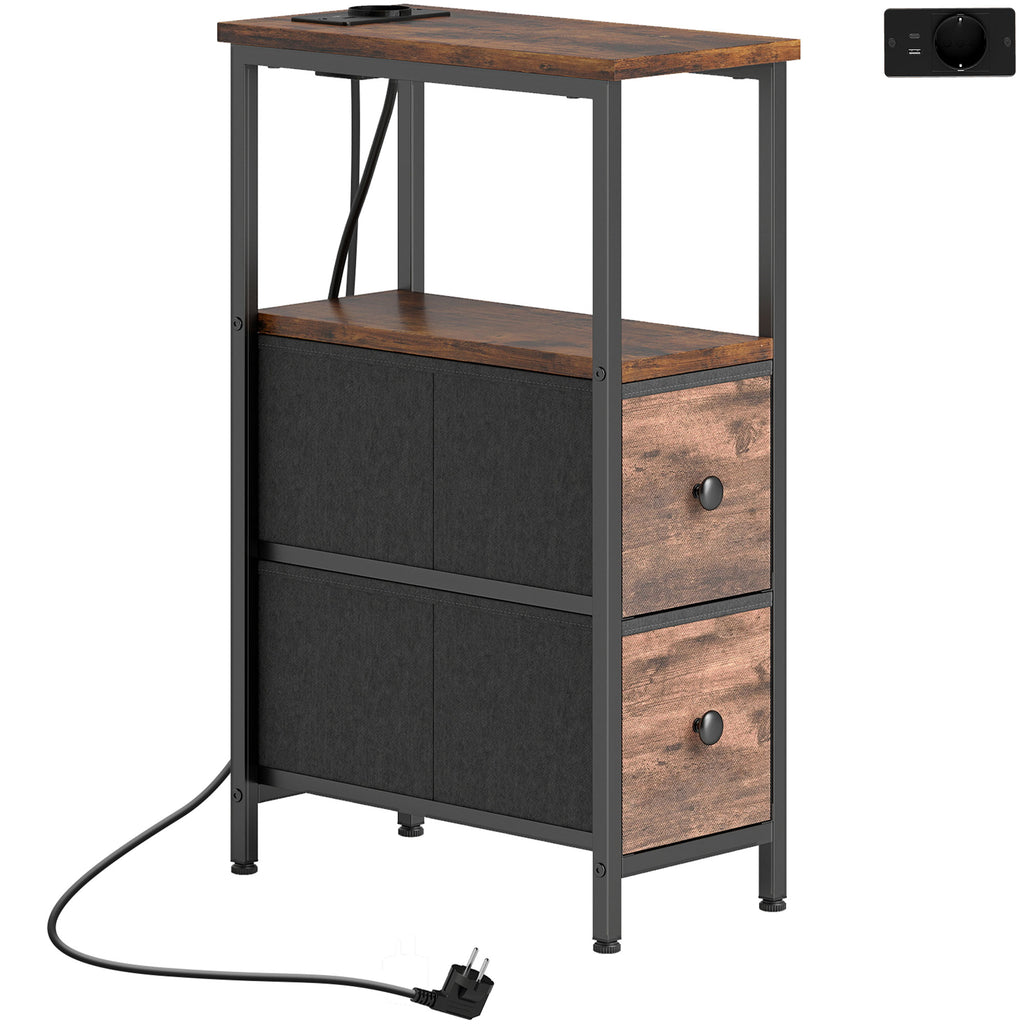 Table d'appoint avec station de charge, table de salon étroite avec 2 tiroirs en tissu, étagère ouverte, brun rustique-0