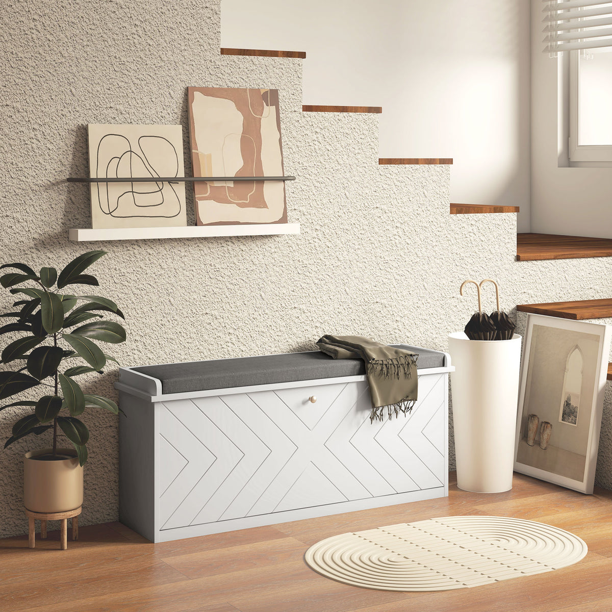 Banc à chaussures avec tiroir rabattable, coussin d'assise et étagère réglable, 100 x 26 x 48 cm, blanc-9