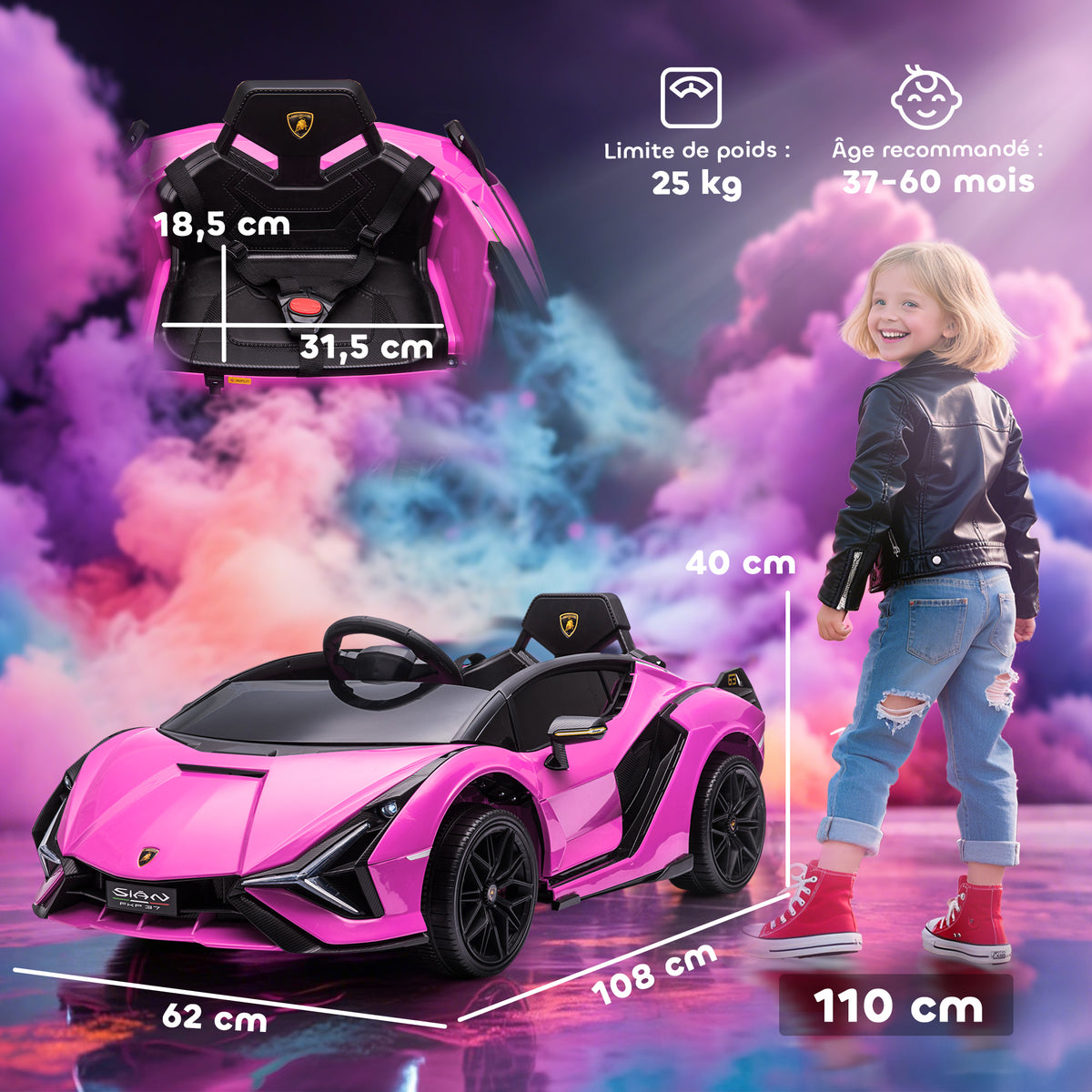 Voiture électrique Enfants de Sport Véhicule électrique Lamborghini Sian 12 V - V. Max. 5 Km/h avec Télécommande 2,4G Effets sonores + Lumineux Rose-2