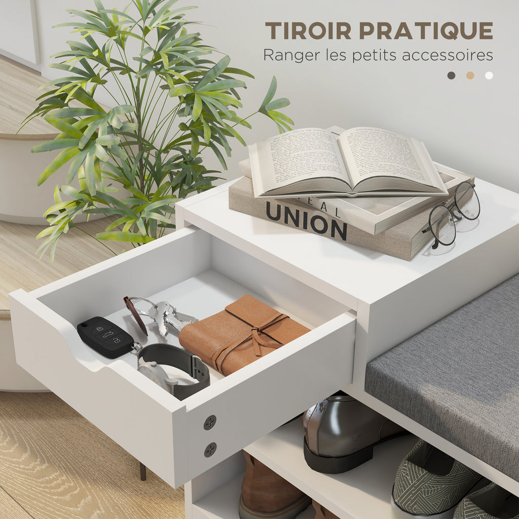 Meuble et banc à chaussures 1 tiroir et 3 compartiments, capacité 5 paires MDF, 76,5L x 30D x 52H cm-4