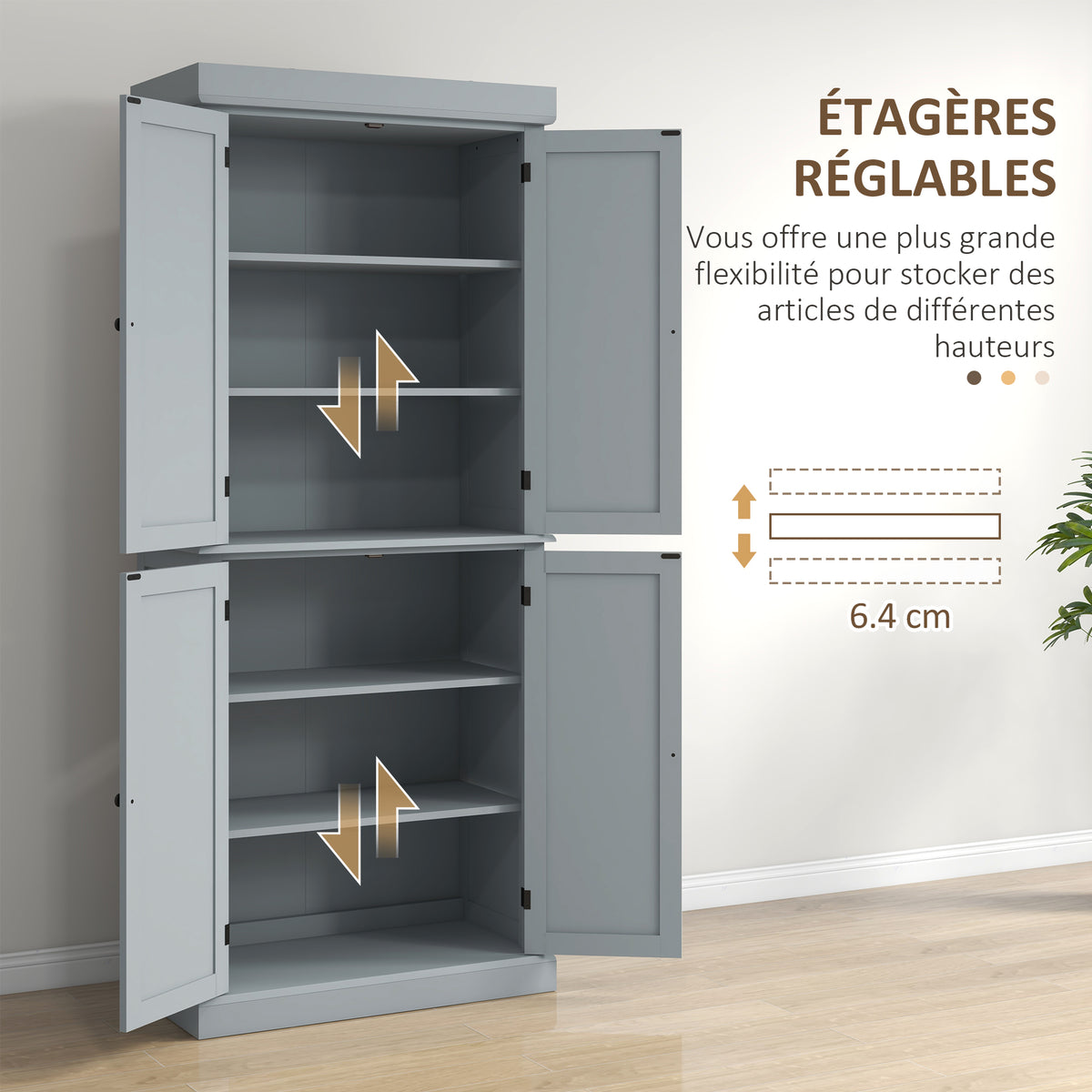 Armoire de cuisine buffet cuisine style moderne avec placards, étagères réglables, 76 x 40,5 x 184 cm, gris-4