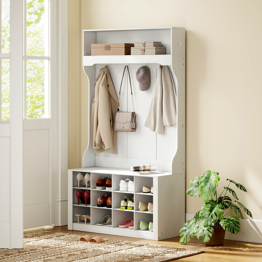 Porte-Manteau 4-en-1 avec Banc, Banc d'Entrée avec 12 Compartiments à Chaussures, 6 Crochets et Étagère Ouverte, Blanc-6