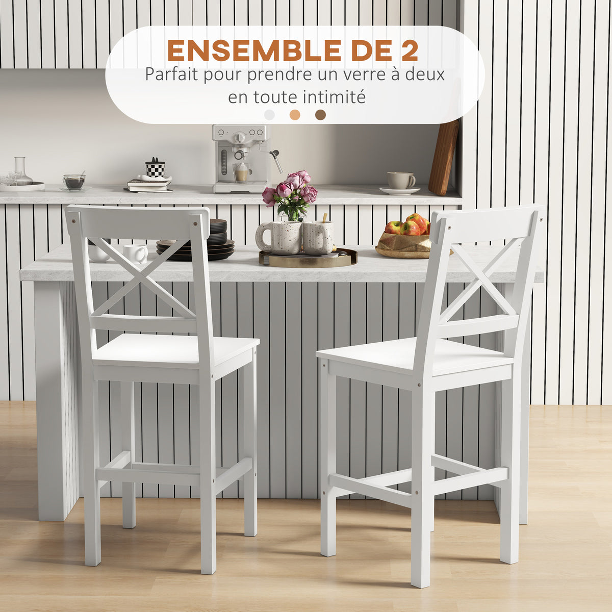 Lot de 2 chaises hautes, chaises de bar style campagne chic en bois hauteur 60 cm avec repose-pieds, blanc-3