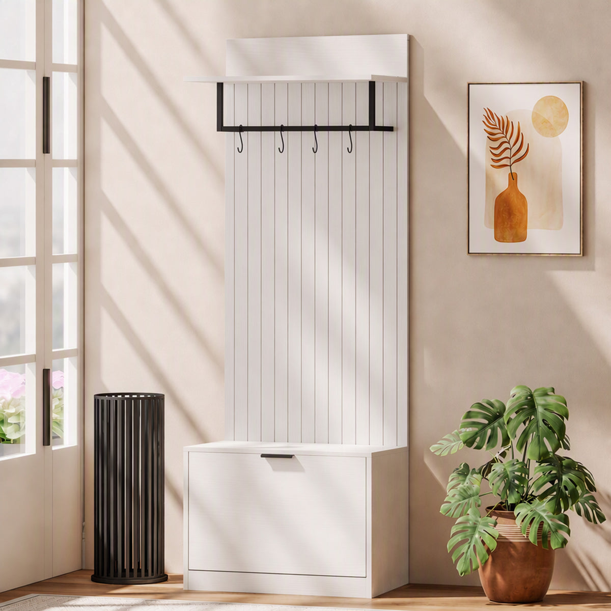 Porte-Manteau 5 en 1, Meuble d'Entrée, Banc à Chaussures, Tiroir Basculant, Étagères Réglables, 4 Crochets, Blanc-1