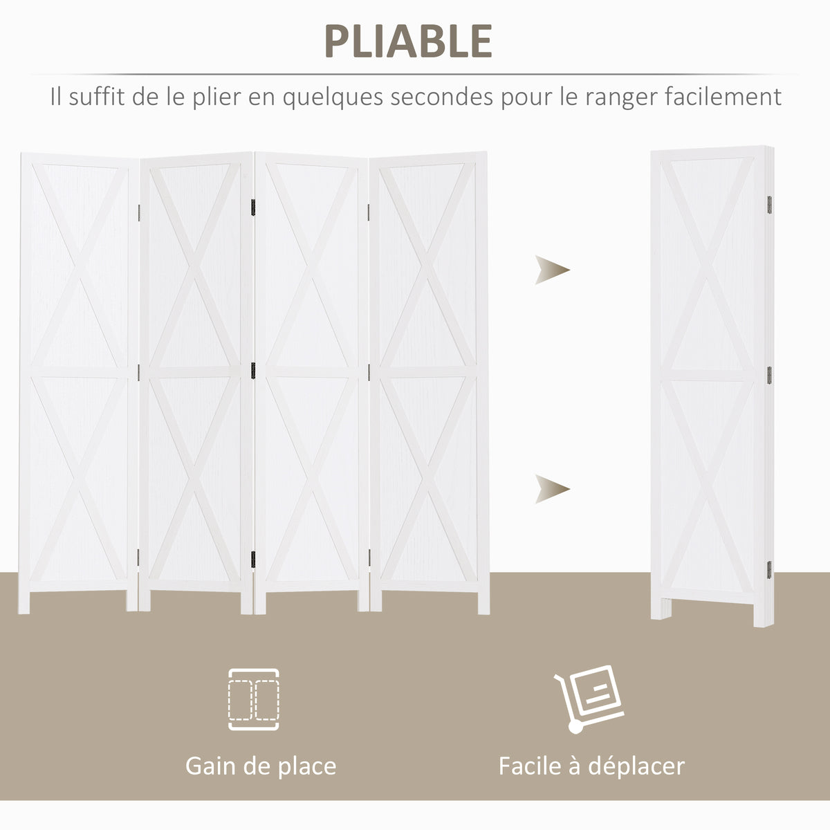 Paravent intérieur 4 Panneaux Style campagnard Chic - séparateur de pièce avec croisillons - Bois de Paulownia Blanc-3