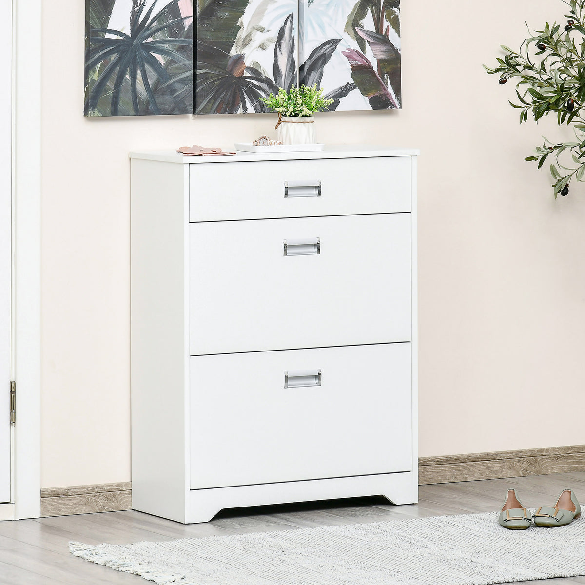 Meuble à chaussures avec 2 tiroirs rabattables étagère réglable + 1 tiroir  jusqu'à 16 paires 70L x 29l x 92H Blanc-1