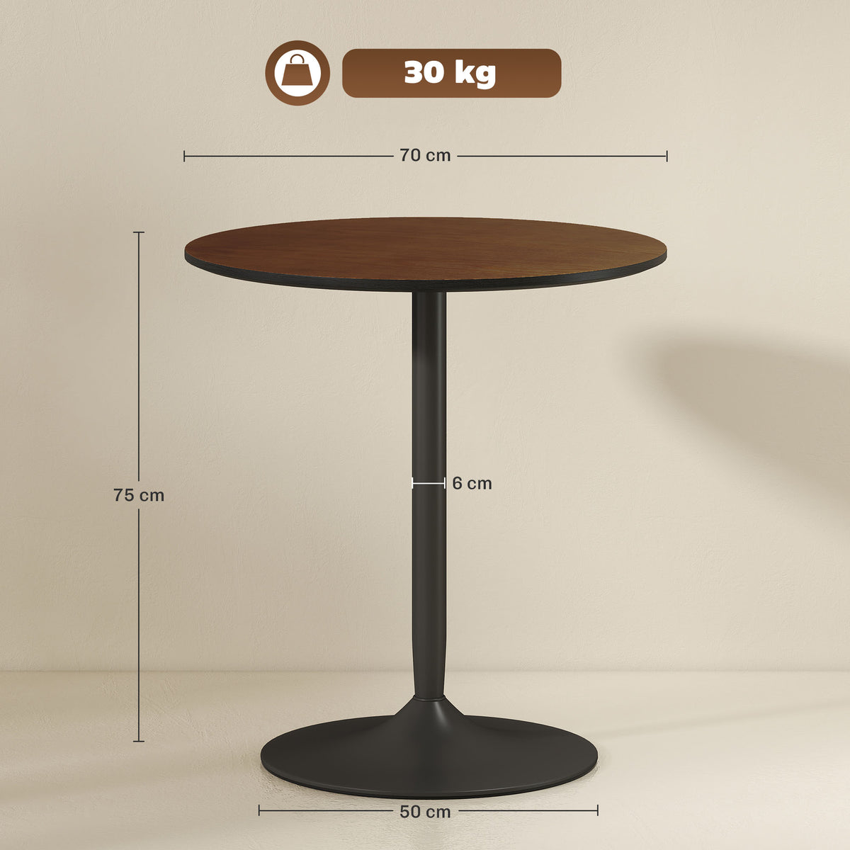 Table à manger ronde 70 cm pour 2 personnes avec plateau en placage de bois massif et piétement en acier marron-2