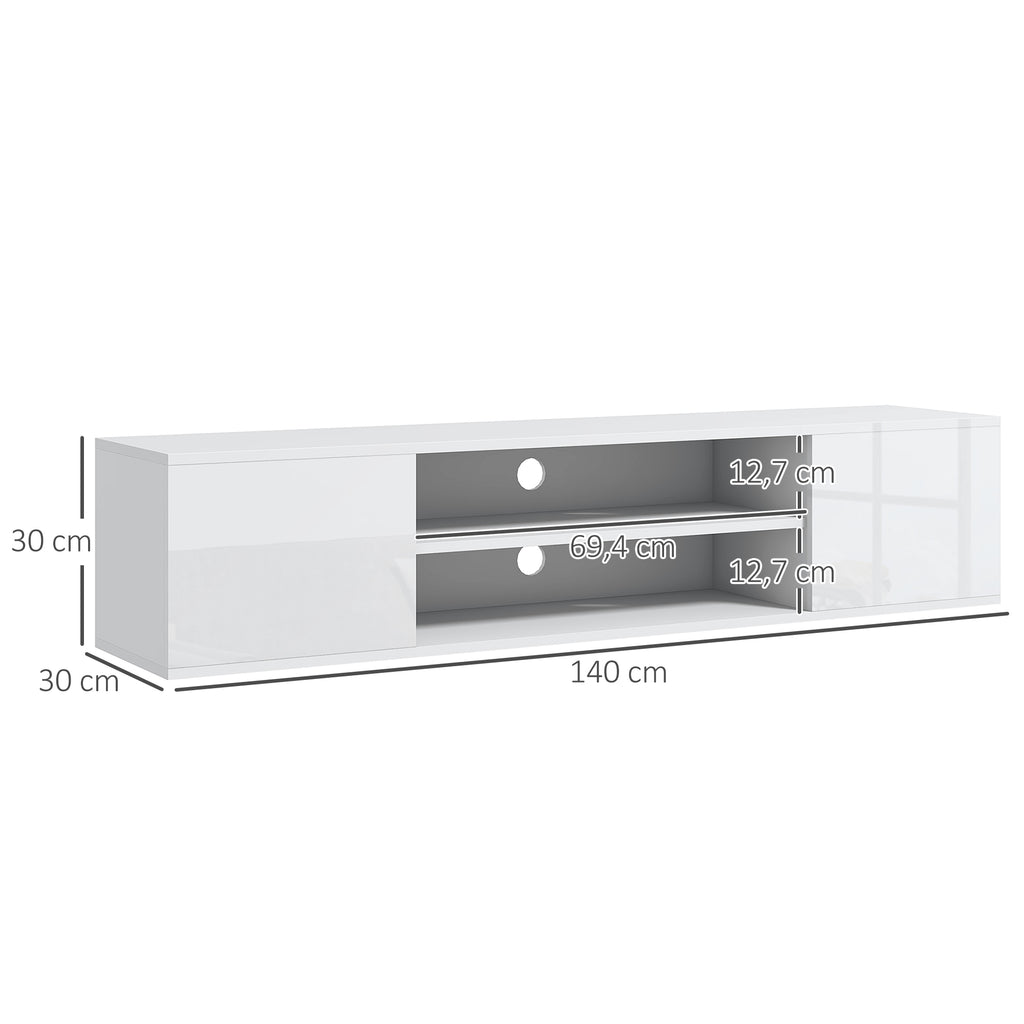 Meuble banc TV mural suspendu style contemporain 2 placards 2 niches centrales et 2 passe-câbles 140 x 30 x 30 cm blanc-2