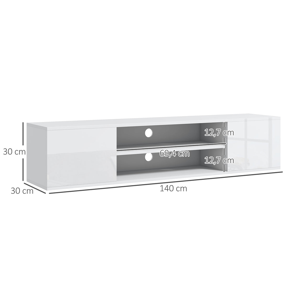 Meuble banc TV mural suspendu style contemporain 2 placards 2 niches centrales et 2 passe-câbles 140 x 30 x 30 cm blanc-2