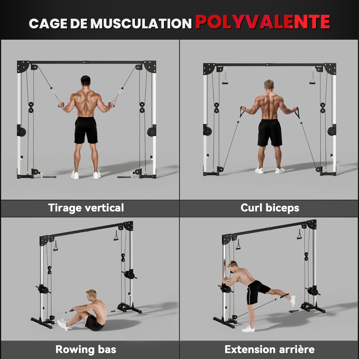 Appareil de musculation double poulie vis à vis crossover, charge libre 2 x 50kg dim. 245L x 85l x 207H cm-3