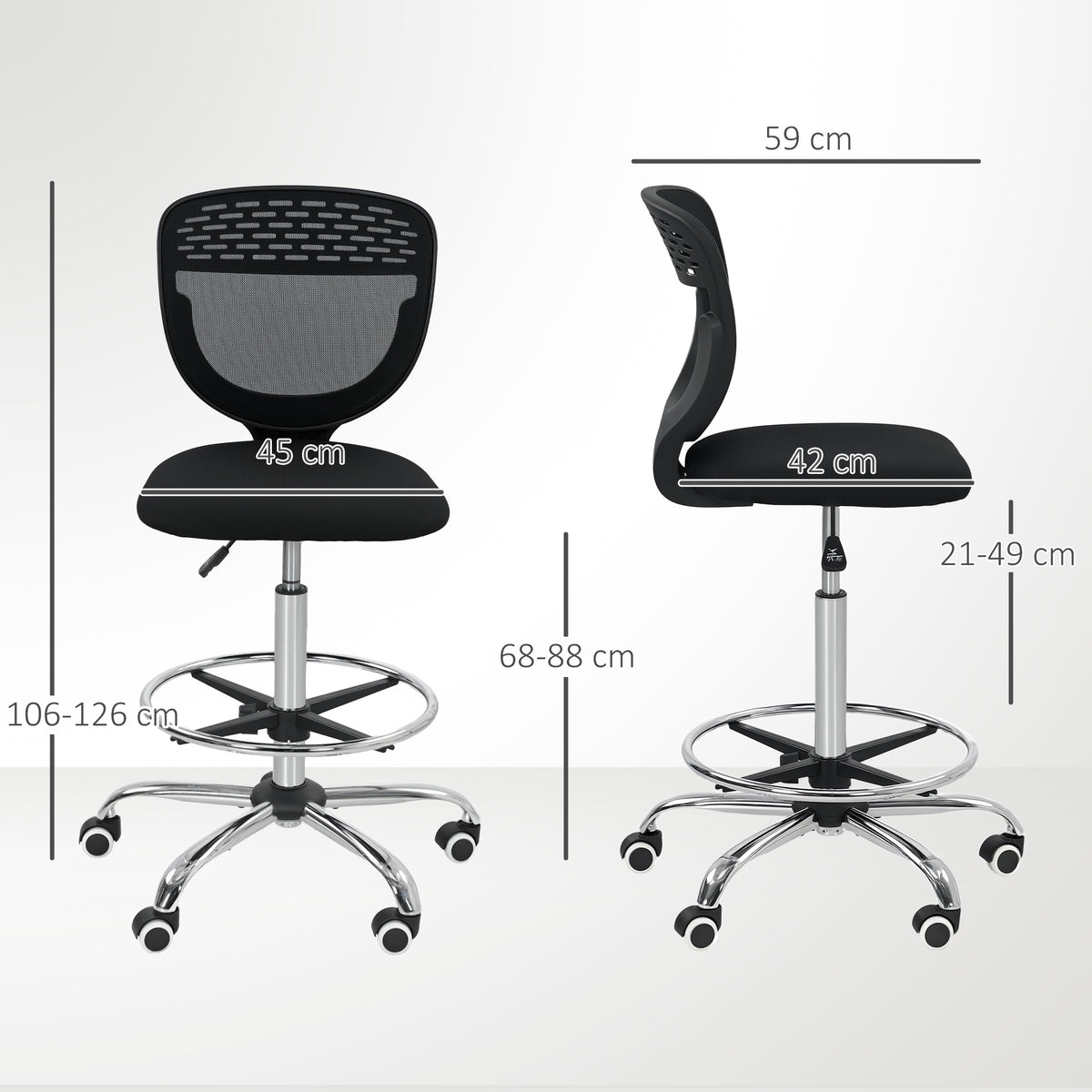 Chaise de bureau ergonomique en maille, chaise de dessin, hauteur et repose-pieds réglable, 59 x 59 x 106-126 cm, noir-2