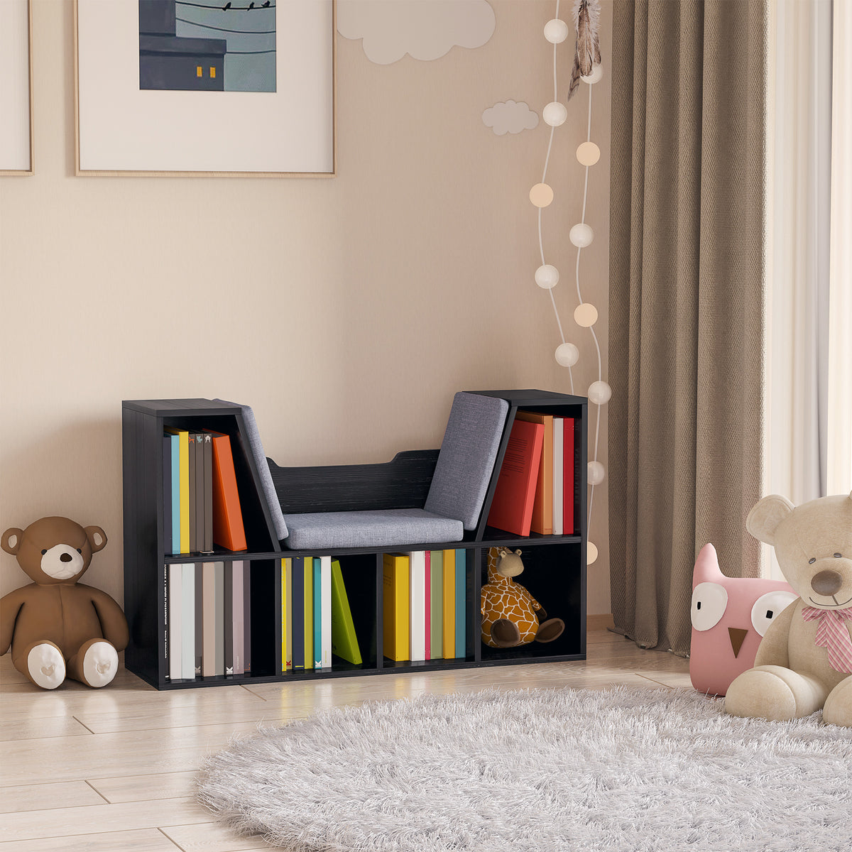 Bibliothèque banc 2 en 1 avec coussins de siège, étagère cube 6 compartiments ouverts et 2 niveaux, meuble de rangement pour salon, chambre à coucher, bureau, 102 x 30 x 61 cm, noir-1