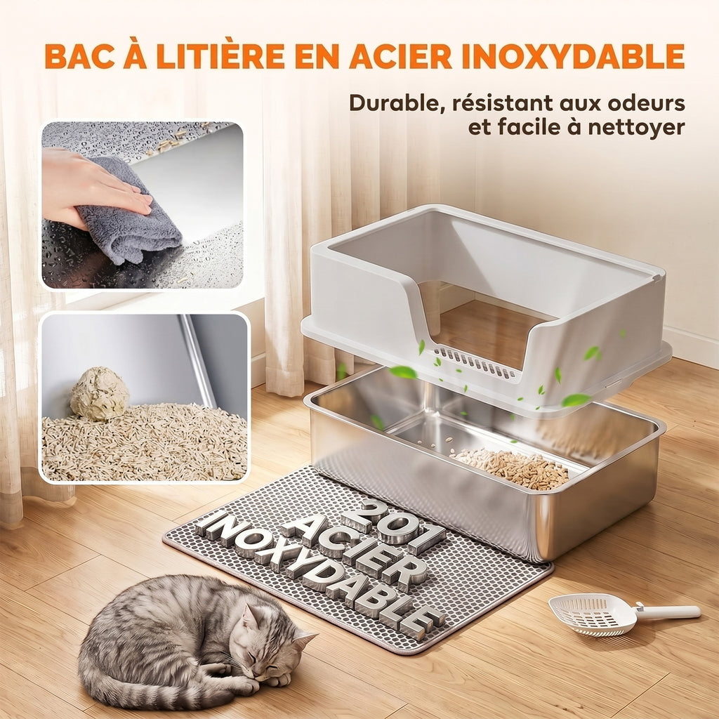 Bac Litière pour Chat en INOX Couvercle Bords Hauts Pelle et Tapis Anti-Adhérent Anti-Odeurs 60x40x30cm Gris Clair-3