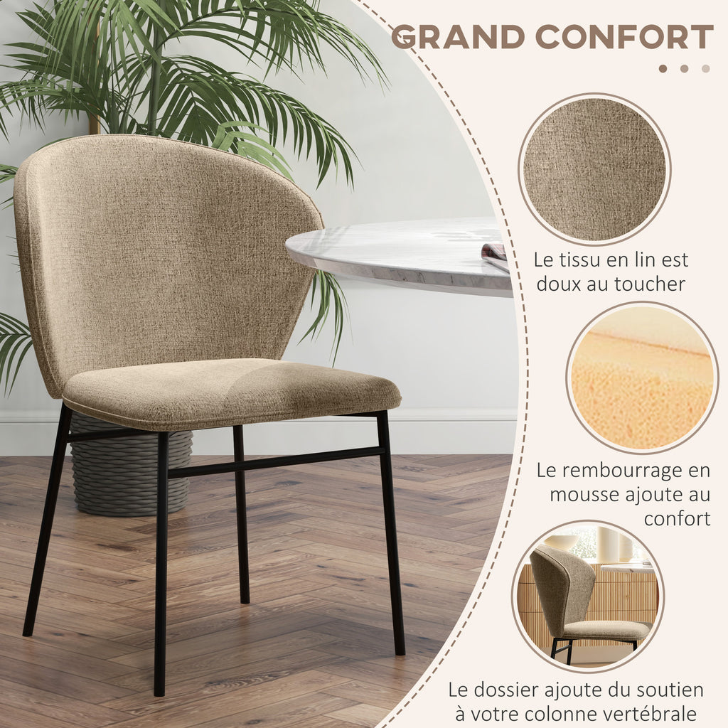 Lot de 2 chaises de salle à manger assise rembourrée en tissu aspect lin pieds en acier stable design moderne marron clair-4