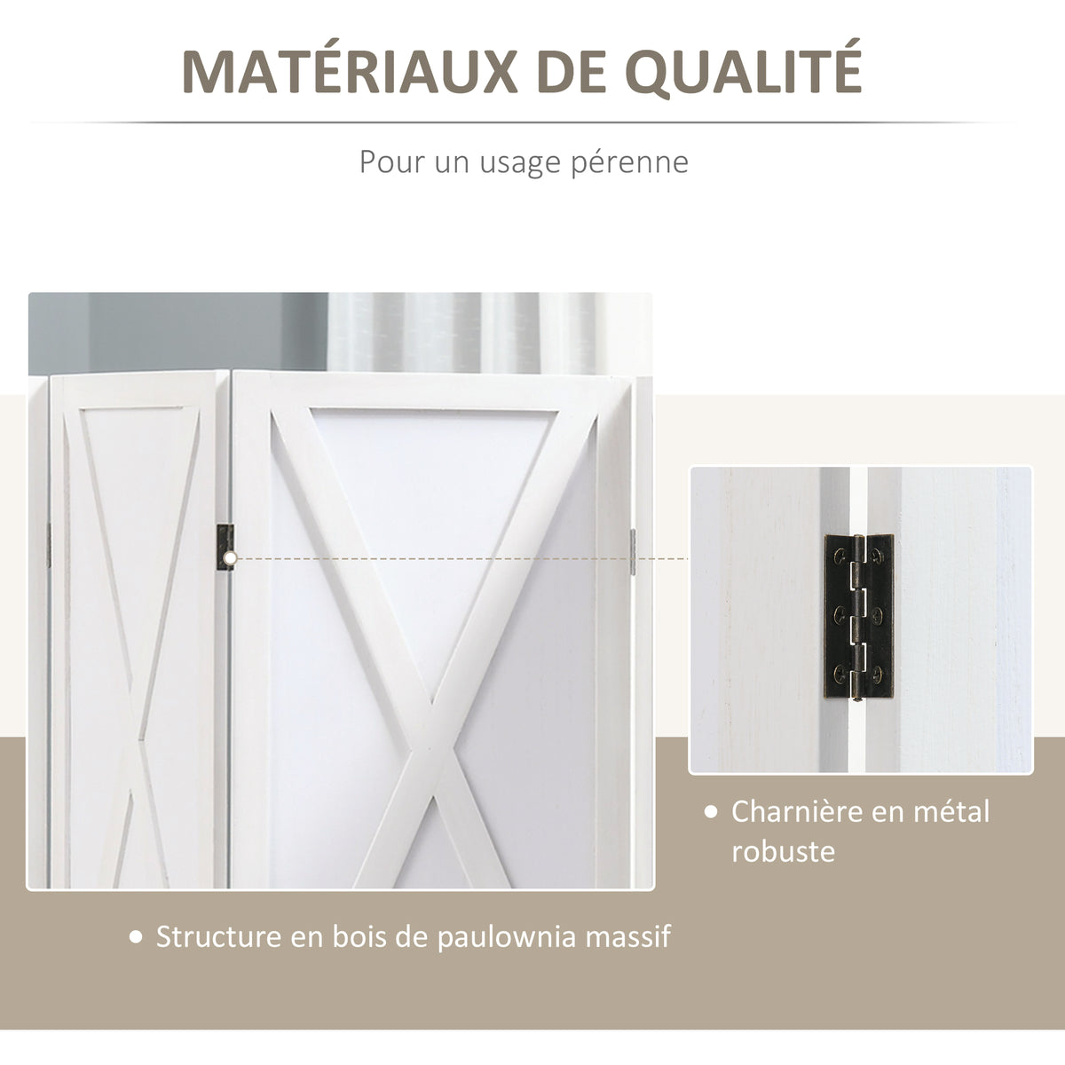 Paravent intérieur 4 Panneaux Style campagnard Chic - séparateur de pièce avec croisillons - Bois de Paulownia Blanc-4
