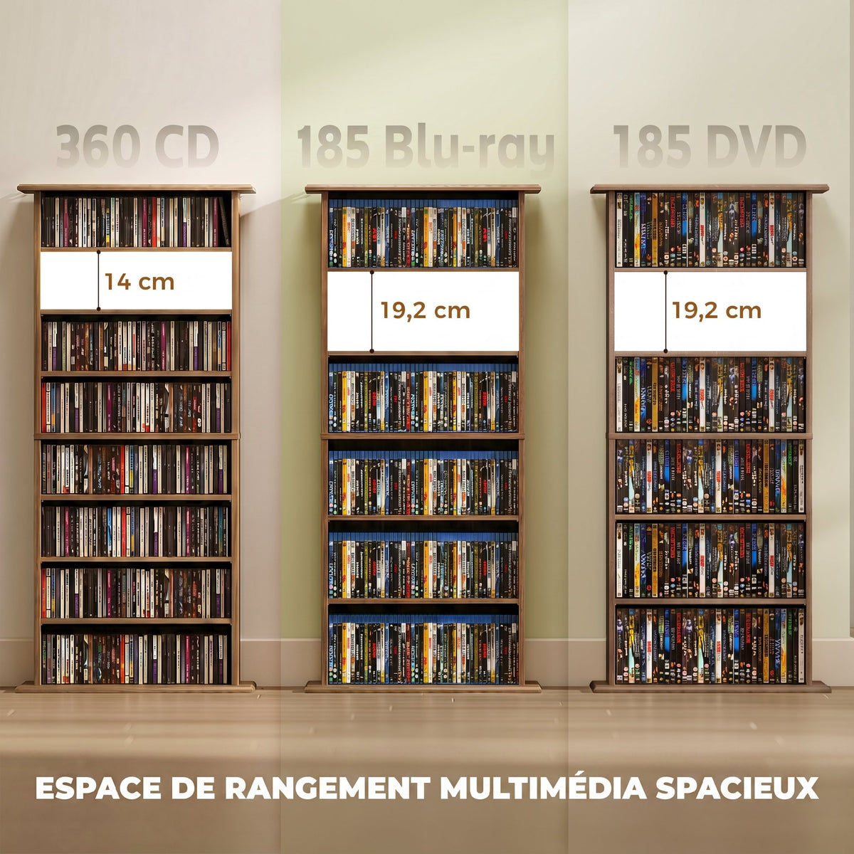 Rangements pour CD et DVD avec 8 compartiments et 6 étagères réglables, capacité max. 360 CD/185 DVD et Blu-ray, noyer-3