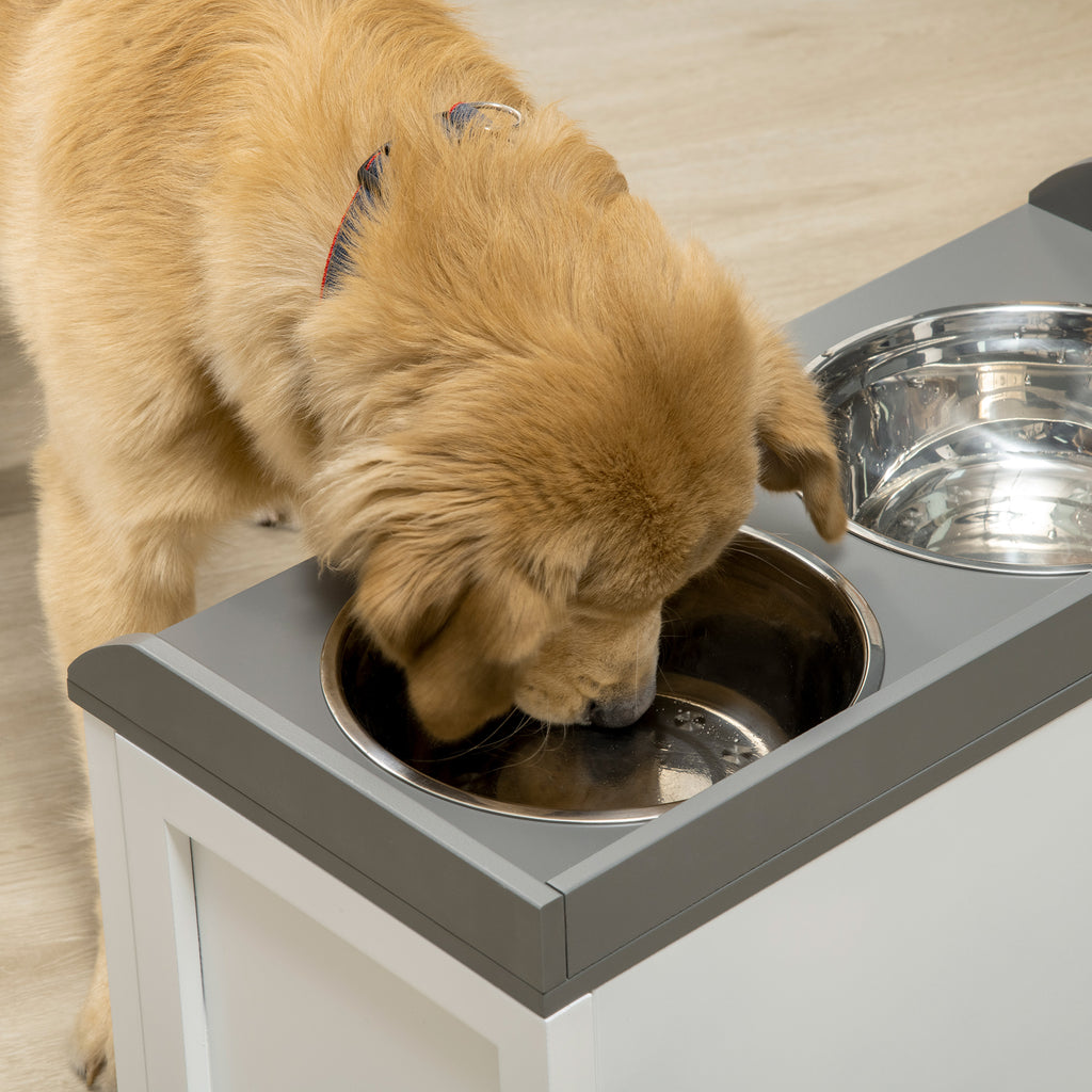 Gamelle double chien chat - porte-gamelles surélevé rangement 2 en 1 - tiroir, 2 gamelles - acier inox. MDF blanc gris-6