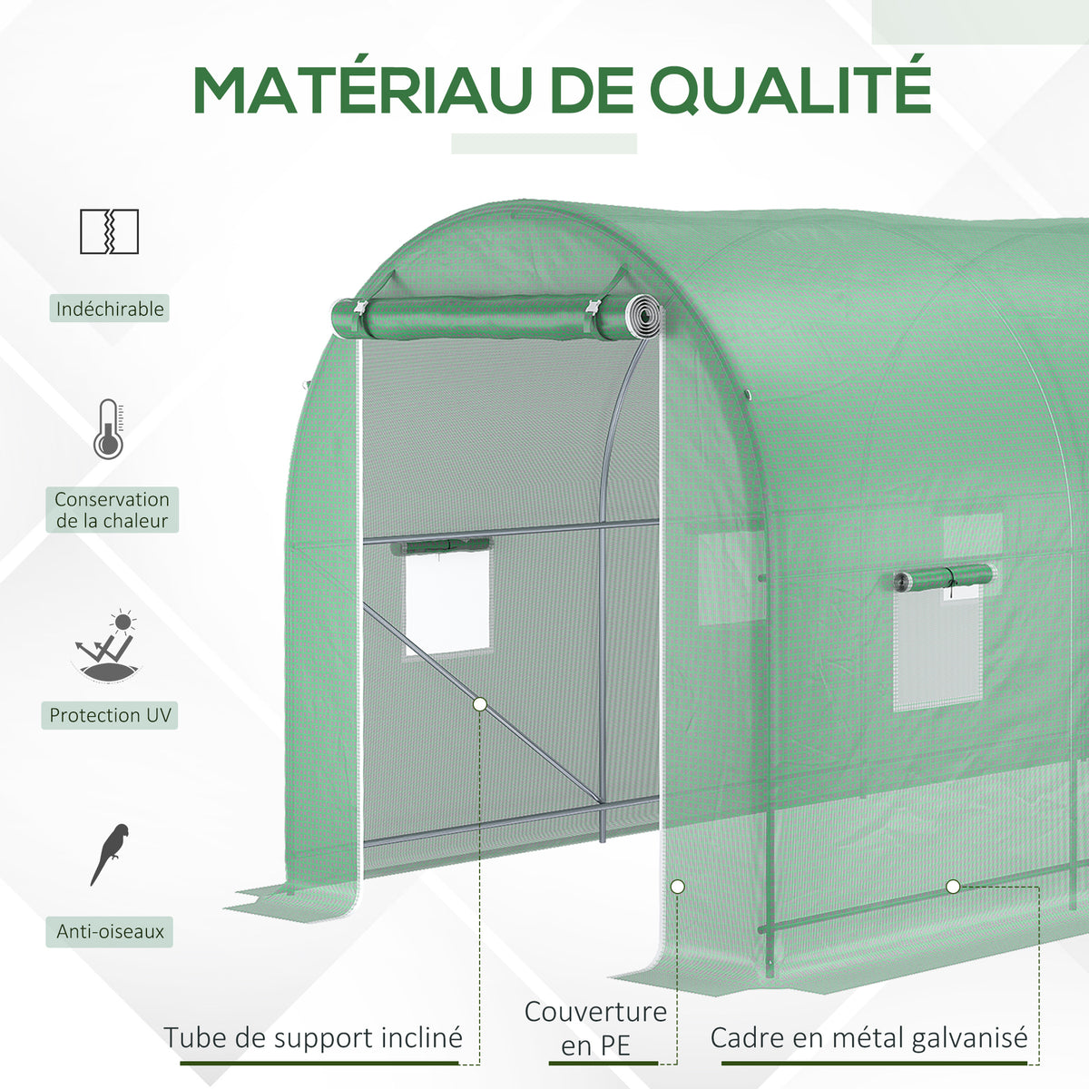 Serre de Jardin Tunnel Surface Sol 10 m² 5L x 2l x 2,05H m châssis Tubulaire renforcé Porte zippée 8 fenêtres enroulables Vert-3