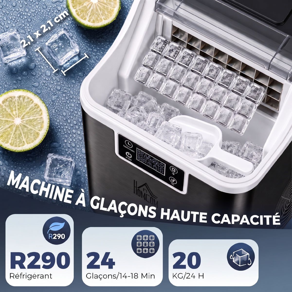 Machine à glaçons, 20 kg en 24h, 24 glaçons en 14-18 min, ice maker avec fonction autonettoyante, 25,2x36x37,1cm, noir-3