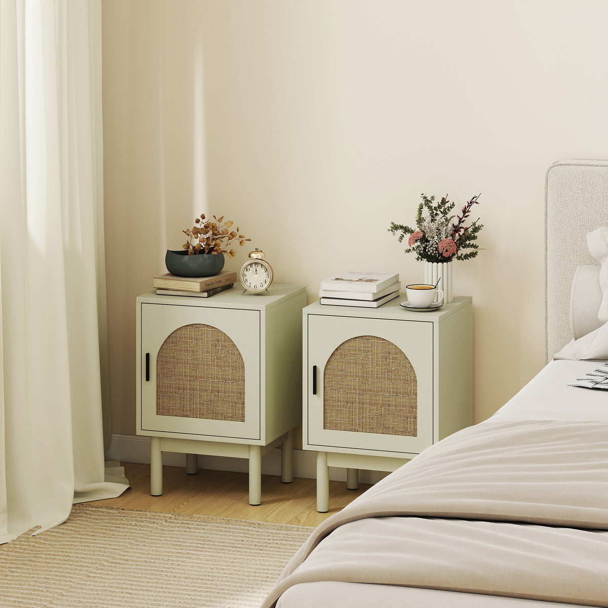 Lot de 2 tables de chevet, table de nuit avec porte en résine tressée, étagère réglable 40 x 35 x 58 cm, vert clair-9