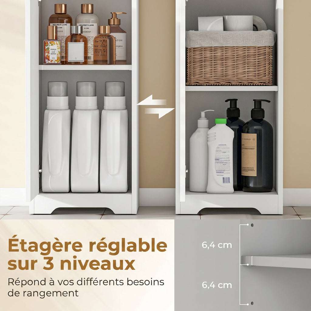 Meuble de salle de bain haut, meuble de rangement avec porte, tiroir, compartiments ouverts, étagère réglable, blanc-4