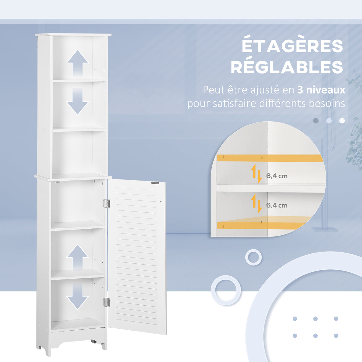 Meuble Colonne Salle de Bain 3 niches Placard Porte persienne 3 étagères MDF Panneaux de Particules Blanc-4